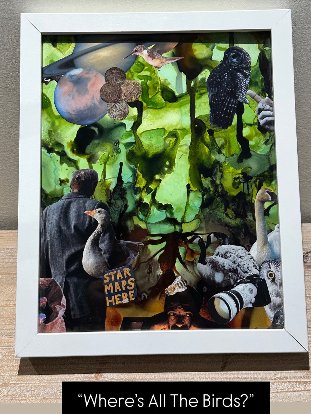 Mixed Media Bird Collage in Green - Framed Home Art